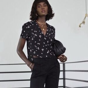 Thakoon Shirt Button Down Cropped Short Sleeve BP Black Daisy Blouse Casual